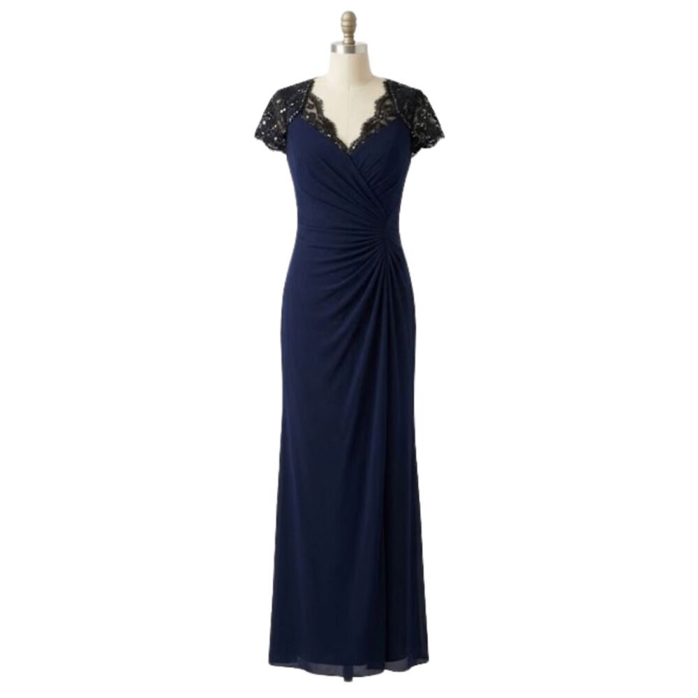 Tadashi Collection Lace Illusion Ruched Evening Gown Sequin Cap Sleeve 8